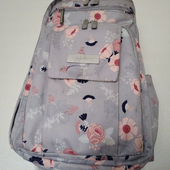 JuJuBe Be Right Back Multi-Function Diaper Backpack Floral Gray Multi Zip Pocket - Picture 3 of 16